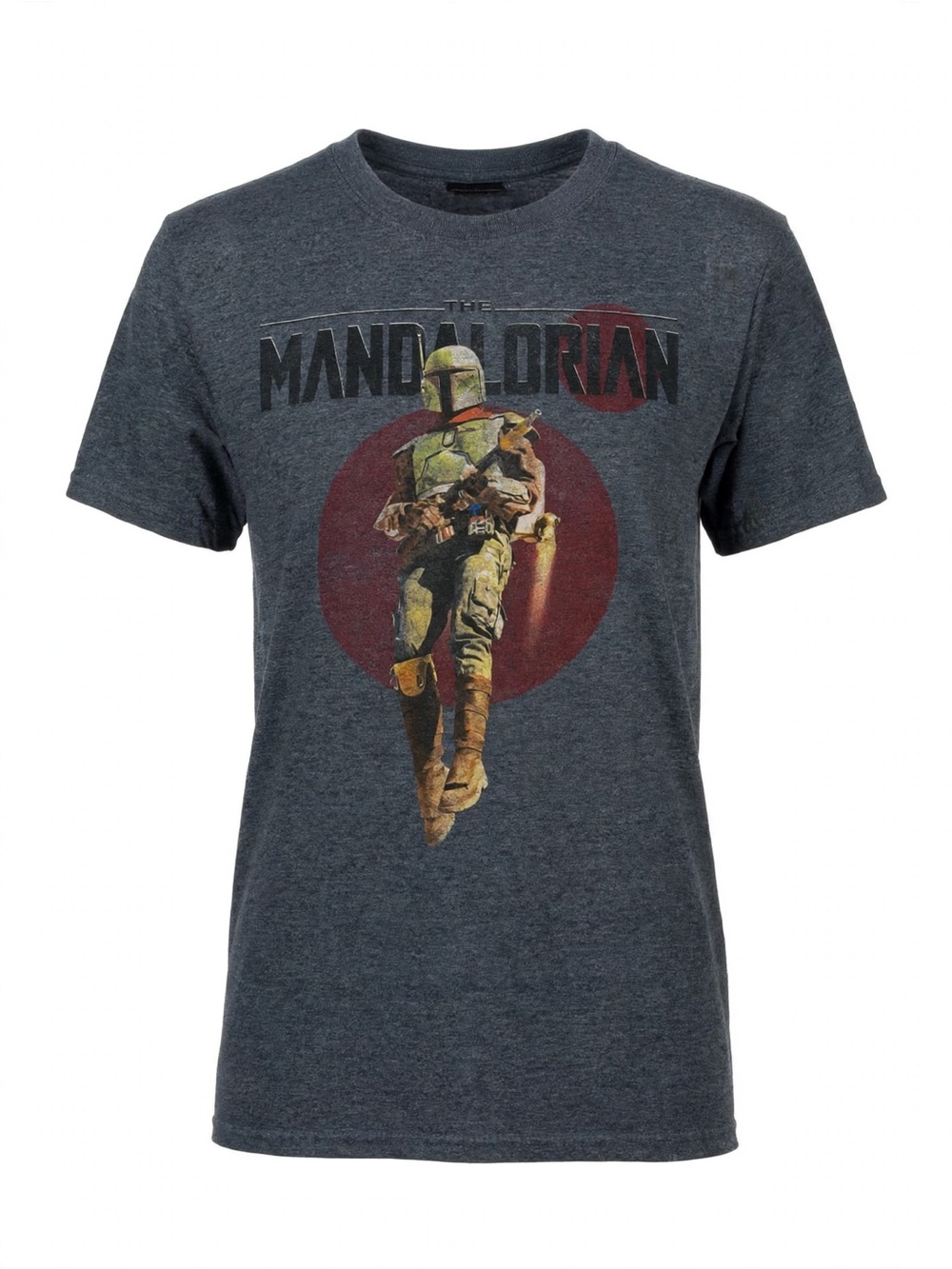 The Mandalorian tee in heather gray with Boba Fett jetpack graphic.